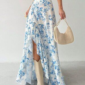 Blue & White Boho Women's Floral High Waist Maxi Skirt
